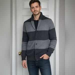 Mens Gray Knit Cardigan with High Collar and Ribbed Cuffs